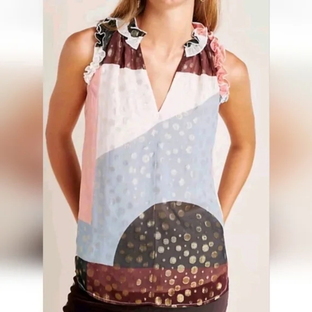 Maeve By Anthropologie Fantasia Metallic Clip Dot Blouse Size 14